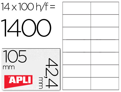 CJ100 hojas A4 1400 etiquetas adhesivas Apli 01277 105x42,4mm. ILC